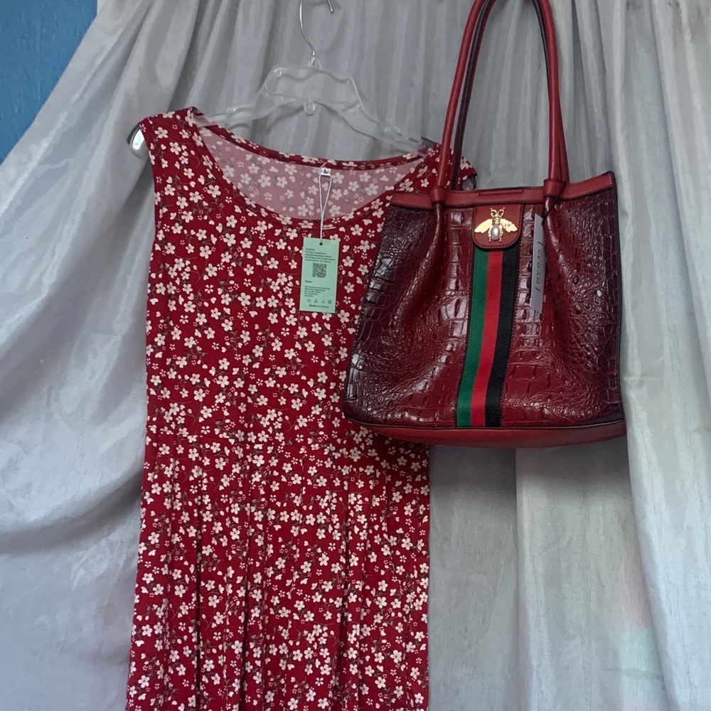 Red Croc-Embossed Tote with Striped Accent and Bee Emblem
